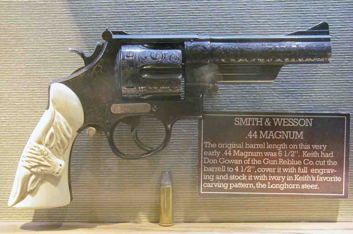 This Keith Smith & Wesson .44 Magnum was engraved by the Gun Reblue Co., and its barrel was trimmed to 41⁄2 inches.